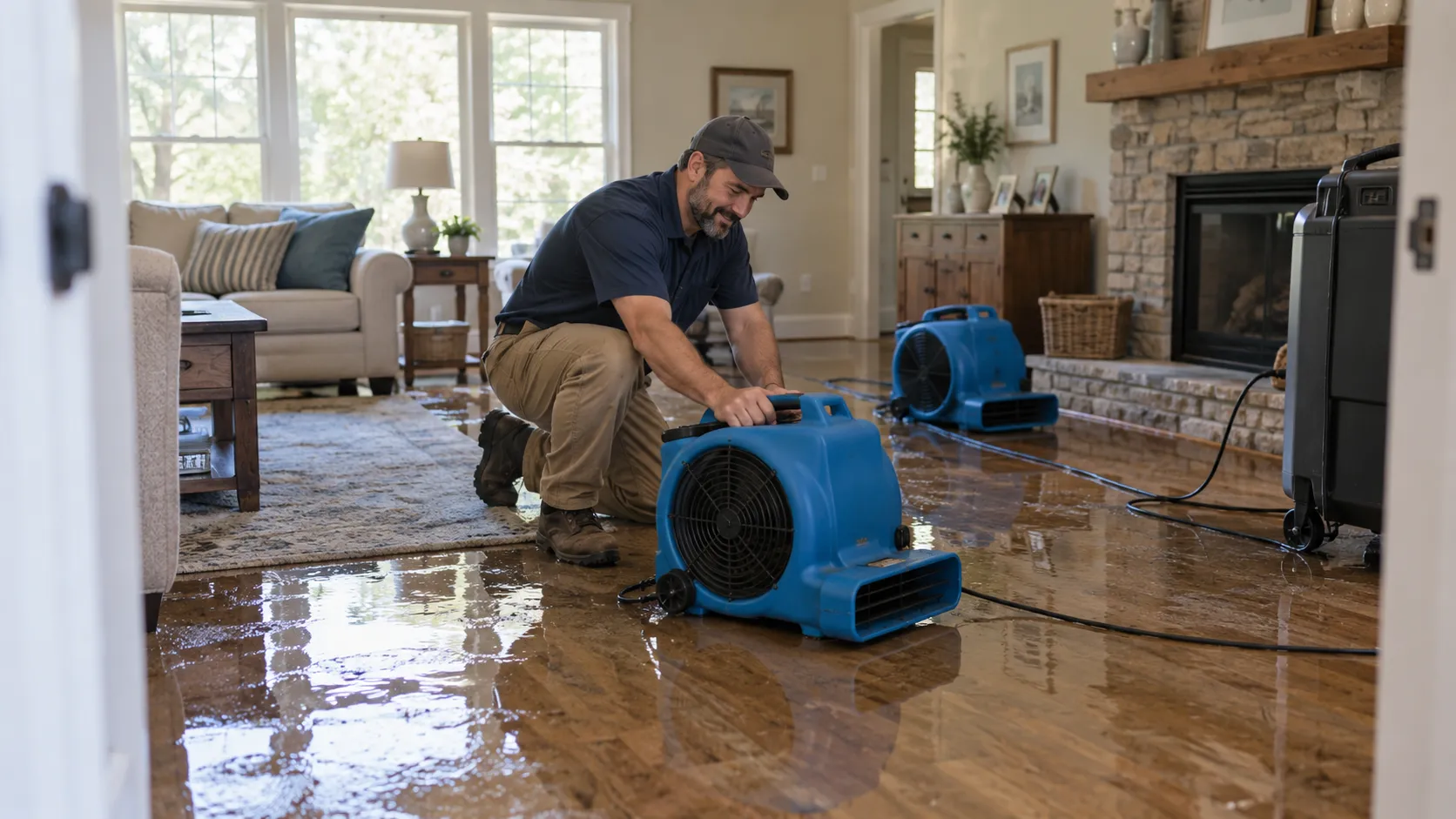 Water damage restoration technician drying a flooded living room in Bridgeport